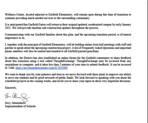 Letter to Garfield Families 